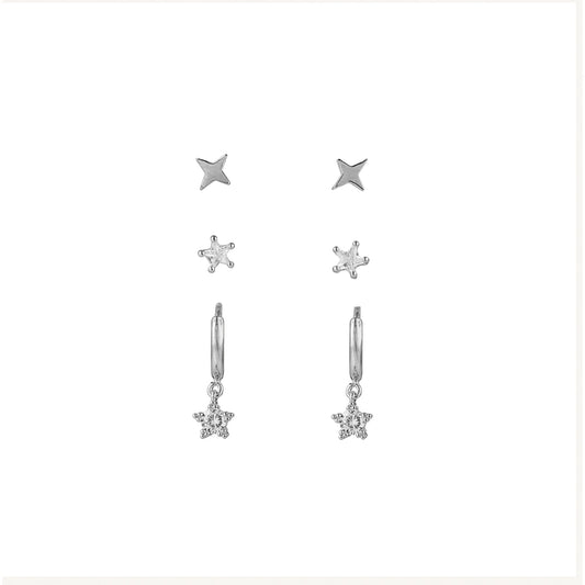 Crystal Star Huggie Hoop & Stud Earrings Pack - Silver