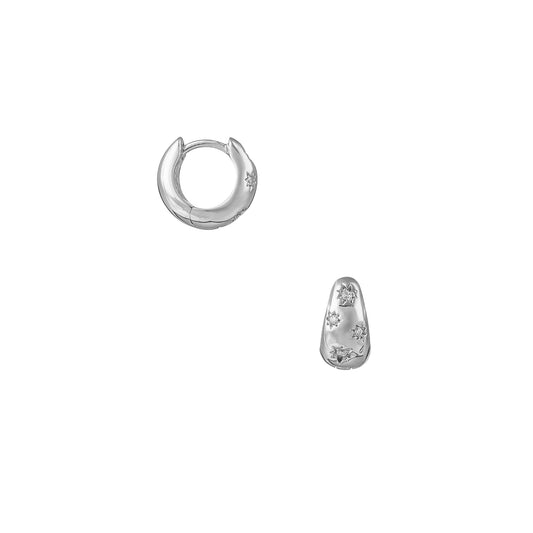 Tapered Crystal Starburst Huggie Hoop Earrings - Silver